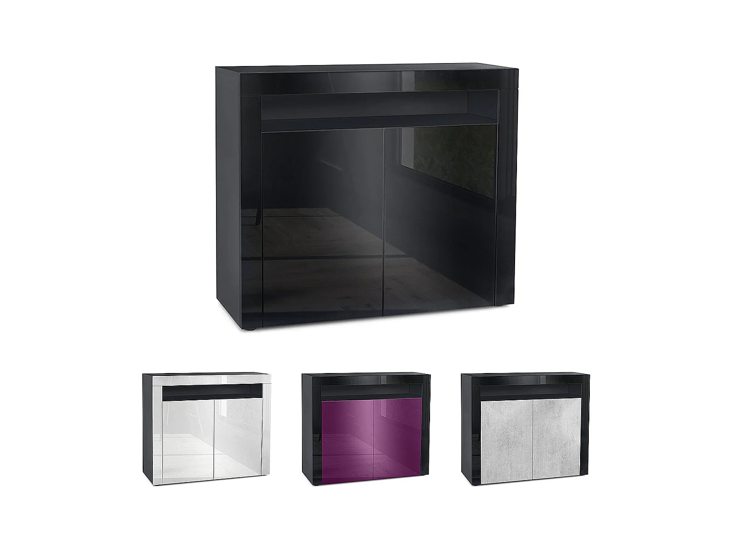 Buffet Valencia, Commode avec 2 portes et 1 compartiment ouvert, Noir mat/chêne nature/noir haute brillance (108 x 92 x 40 cm)