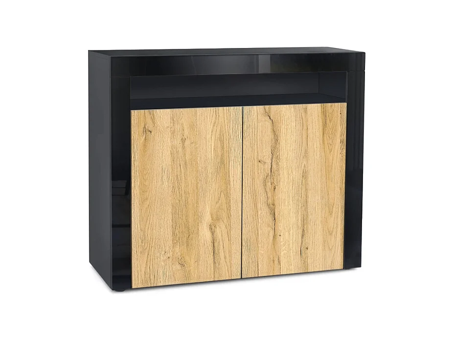 Buffet Valencia, Commode avec 2 portes et 1 compartiment ouvert, Noir mat/chêne nature/noir haute brillance (108 x 92 x 40 cm)