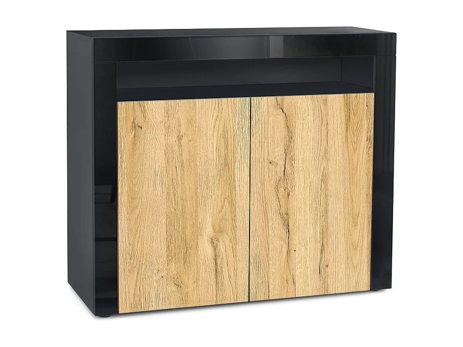 Mobiletto  City, credenza con 2 ante e 1 scomparto aperto, nero opaco/rovere naturale/nero lucido (108 x 92 x 40 cm)