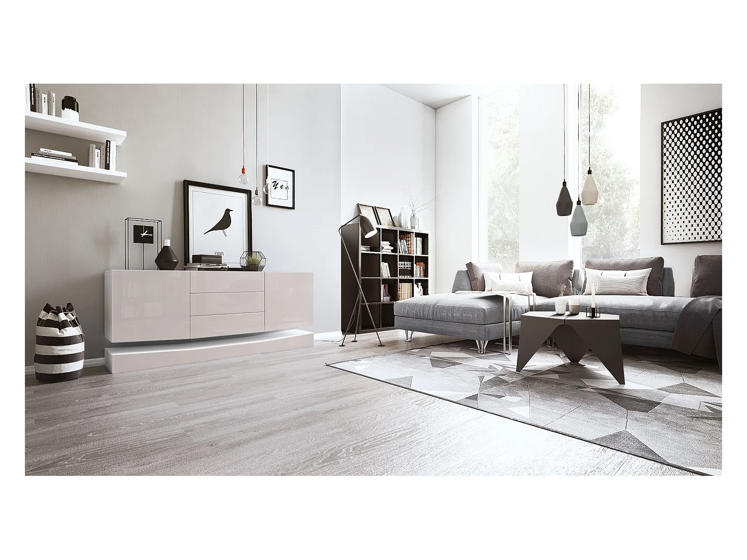 Sideboard City, blanc mat/gris sable haute brillance - Commode moderne pour votre salon (178 x 72 x 38 cm)