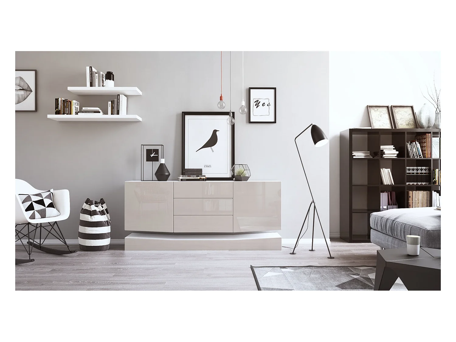Sideboard City, blanc mat/gris sable haute brillance - Commode moderne pour votre salon (178 x 72 x 38 cm)