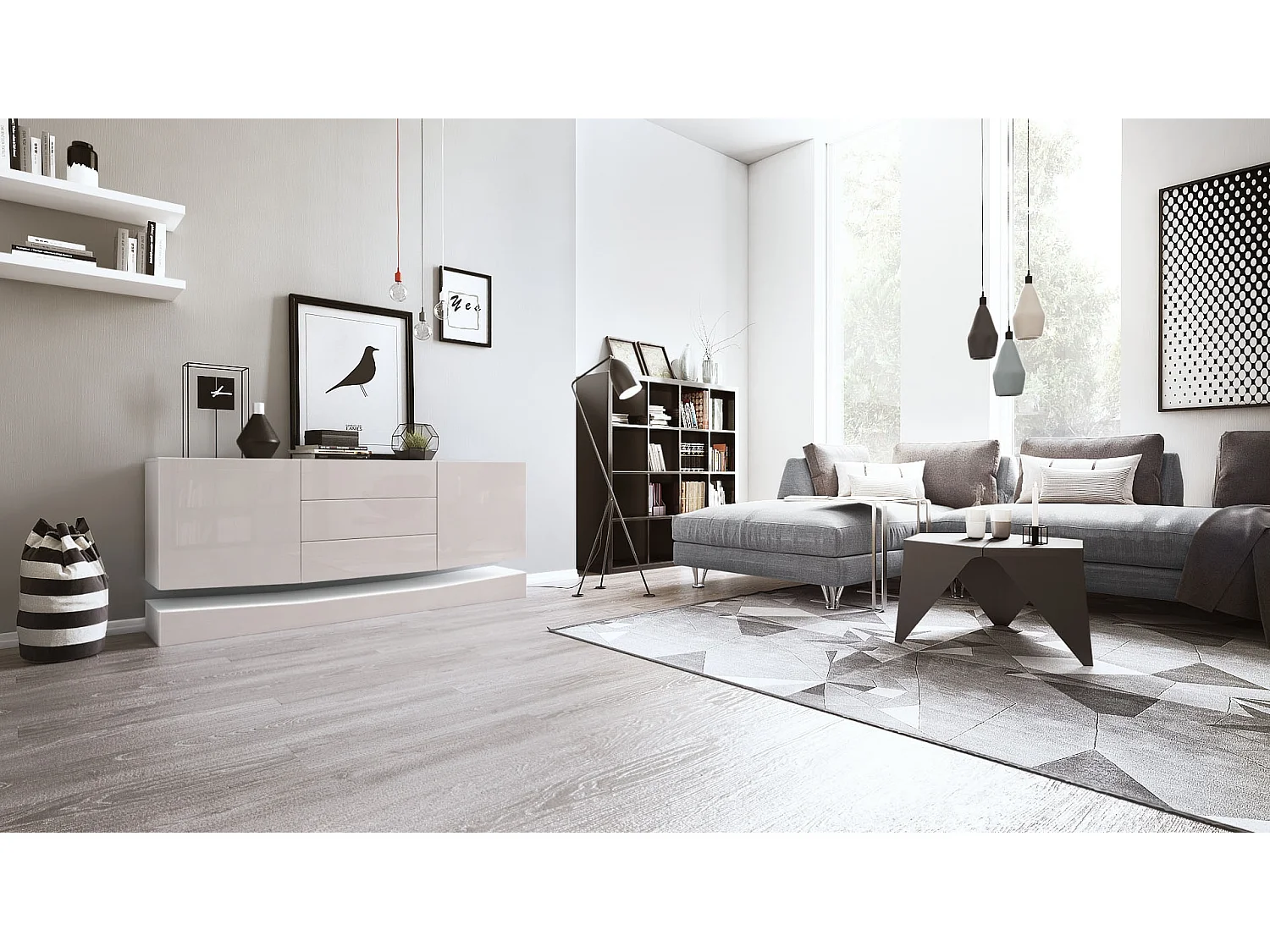 Vladon Sideboard City, bianco opaco/grigio sabbia lucido - Cassettiera moderna per la zona giorno (178 x 72 x 38 cm)