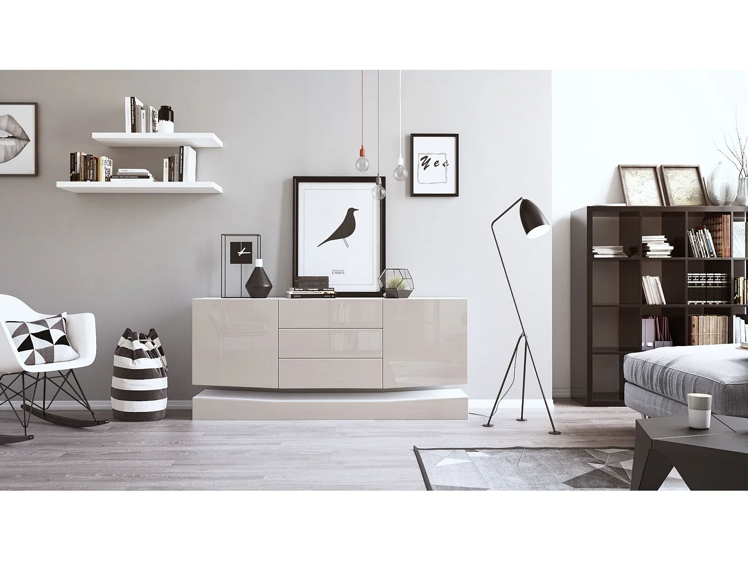 Vladon Sideboard City, bianco opaco/grigio sabbia lucido - Cassettiera moderna per la zona giorno (178 x 72 x 38 cm)