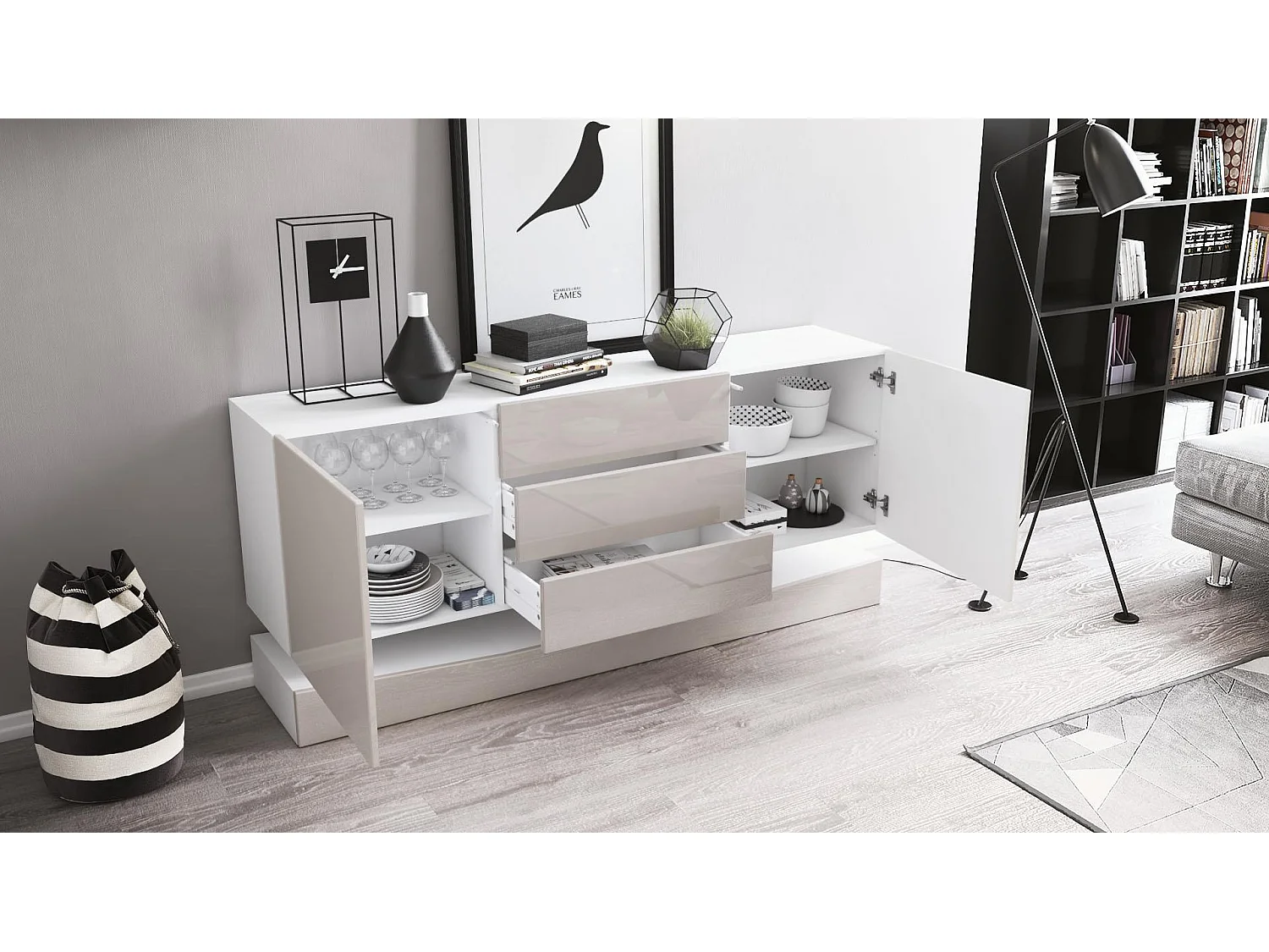 Vladon Sideboard City, bianco opaco/grigio sabbia lucido - Cassettiera moderna per la zona giorno (178 x 72 x 38 cm)