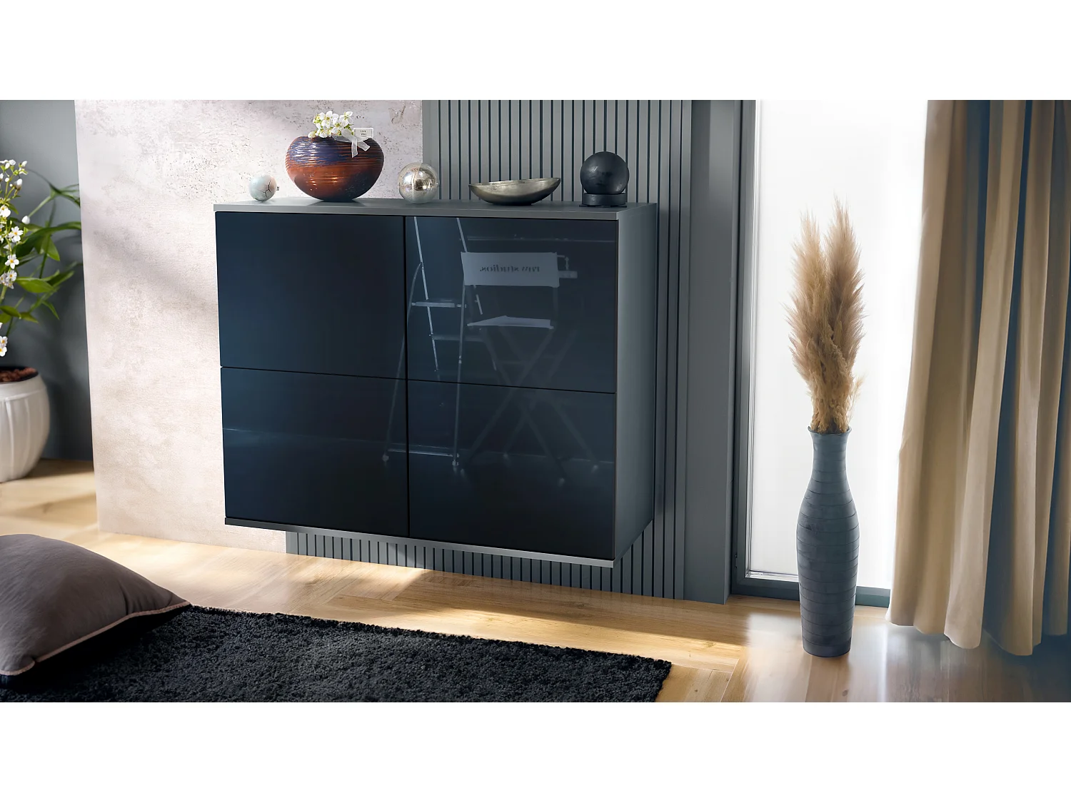 Credenza Rova V3 – Mobile da cucina moderno con 4 ante Push-to-Open antracite opaco  / nero lucido (92,5 x 73.5 x 35)