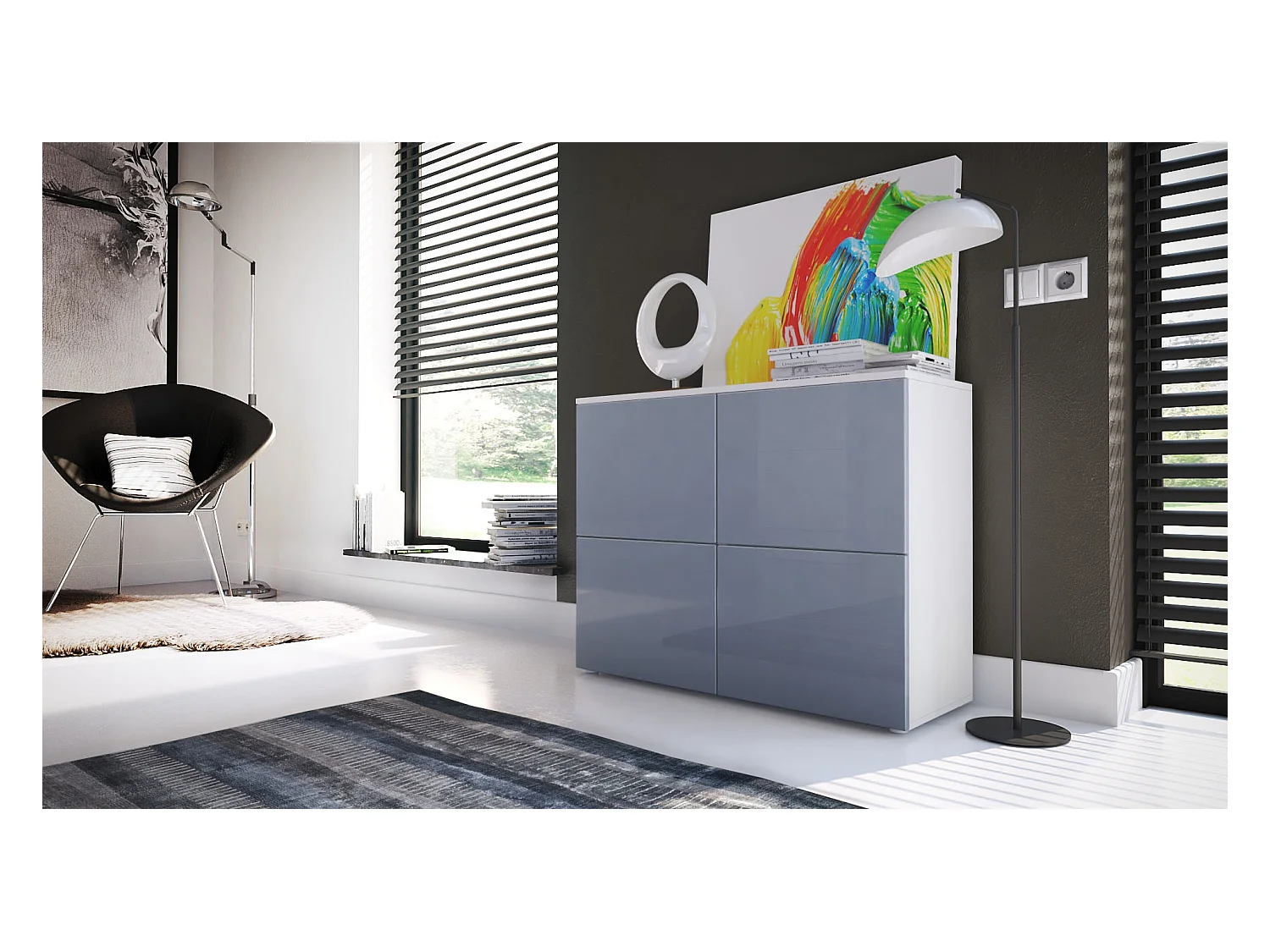 Buffet Rova, Commode avec 4 portes, Blanc mat/Gris haute brillance (92 x 72 x 35 cm)