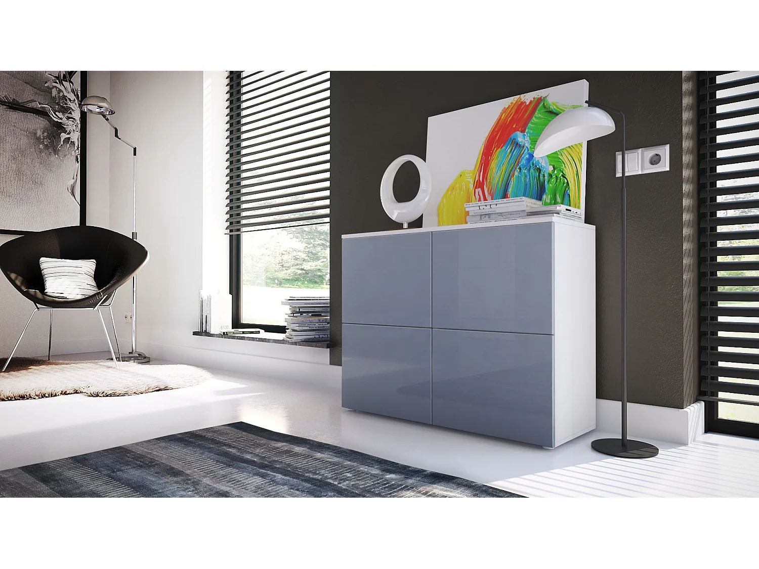 Madia  Rova, Mobile a 4 ante, Bianco opaco/Grigio lucido (92 x 72 x 35 cm)