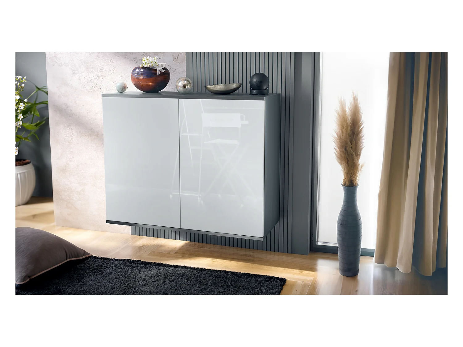 Commode Skadu V3, Buffet de Cuisine Moderne avec 2 Grandes Portes anthracite mat / blanc haute brillance (92,5 x 73.5 x 35)