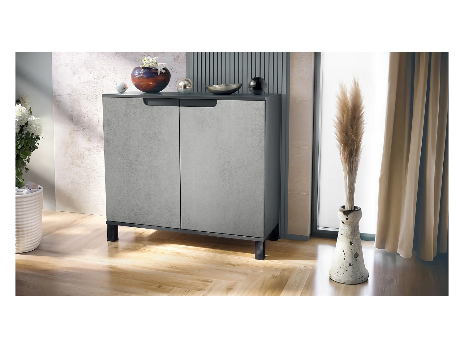 Commode Sylt V3, Buffet de Cuisine Moderne avec 2 Grandes Portes anthracite mat / aspect béton oxyde (92,5 x 84.5 x 35)