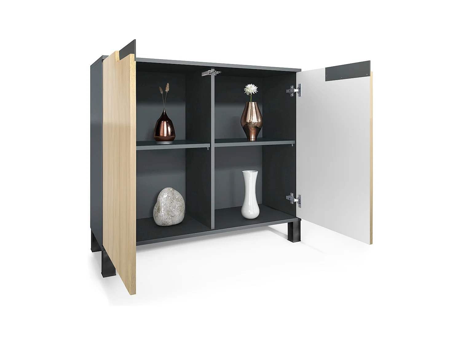 Commode Sylt V3, Buffet de Cuisine Moderne avec 2 Grandes Portes anthracite mat / aspect béton oxyde (92,5 x 84.5 x 35)