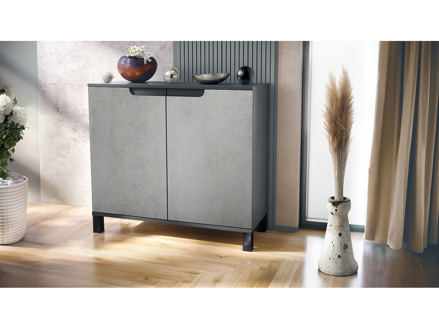 Aparador Sylt V3, Armario de Cocina Moderno con 2 Puertas Grandes antracita mate / hormigón oxidado (92,5 x 84.5 x 35)