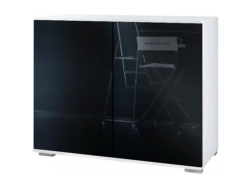 Commode Skadu V3, Buffet de Cuisine Moderne avec 2 Grandes Portes blanc mat / noir haute brillance (92,5 x 75.5 x 35)