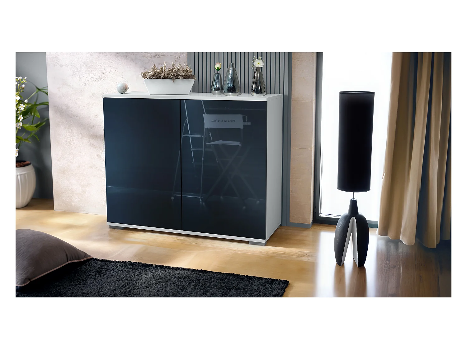 Aparador Skadu V3, Armario de Cocina Moderno con 2 Puertas Grandes blanco mate / negro de alto brillo (92,5 x 75.5 x 35)