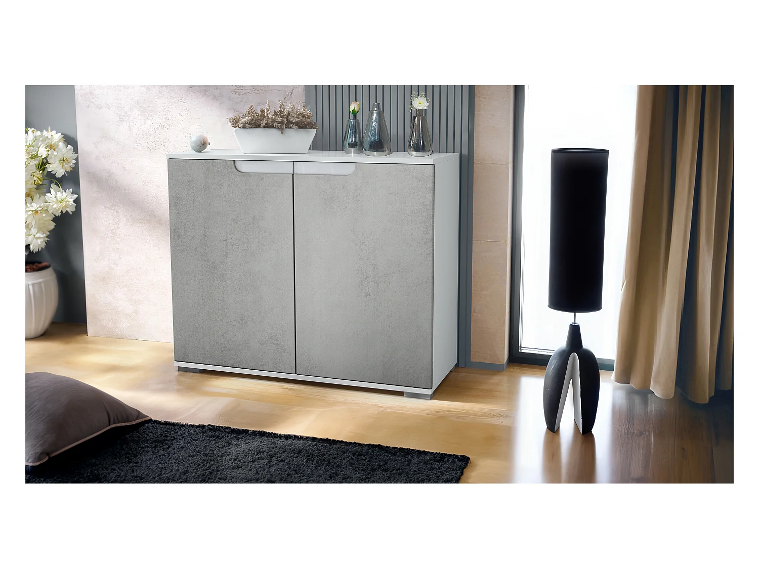 Commode Sylt V3, Buffet de Cuisine Moderne avec 2 Grandes Portes blanc mat / aspect béton oxyde (92,5 x 75.5 x 35)