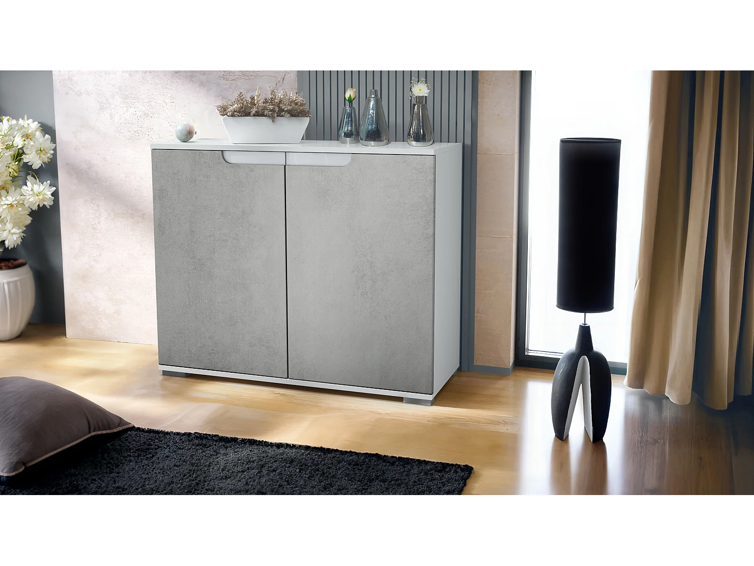 Aparador Sylt V3, Armario de Cocina Moderno con 2 Puertas Grandes blanco mate / hormigón oxidado (92,5 x 75.5 x 35)