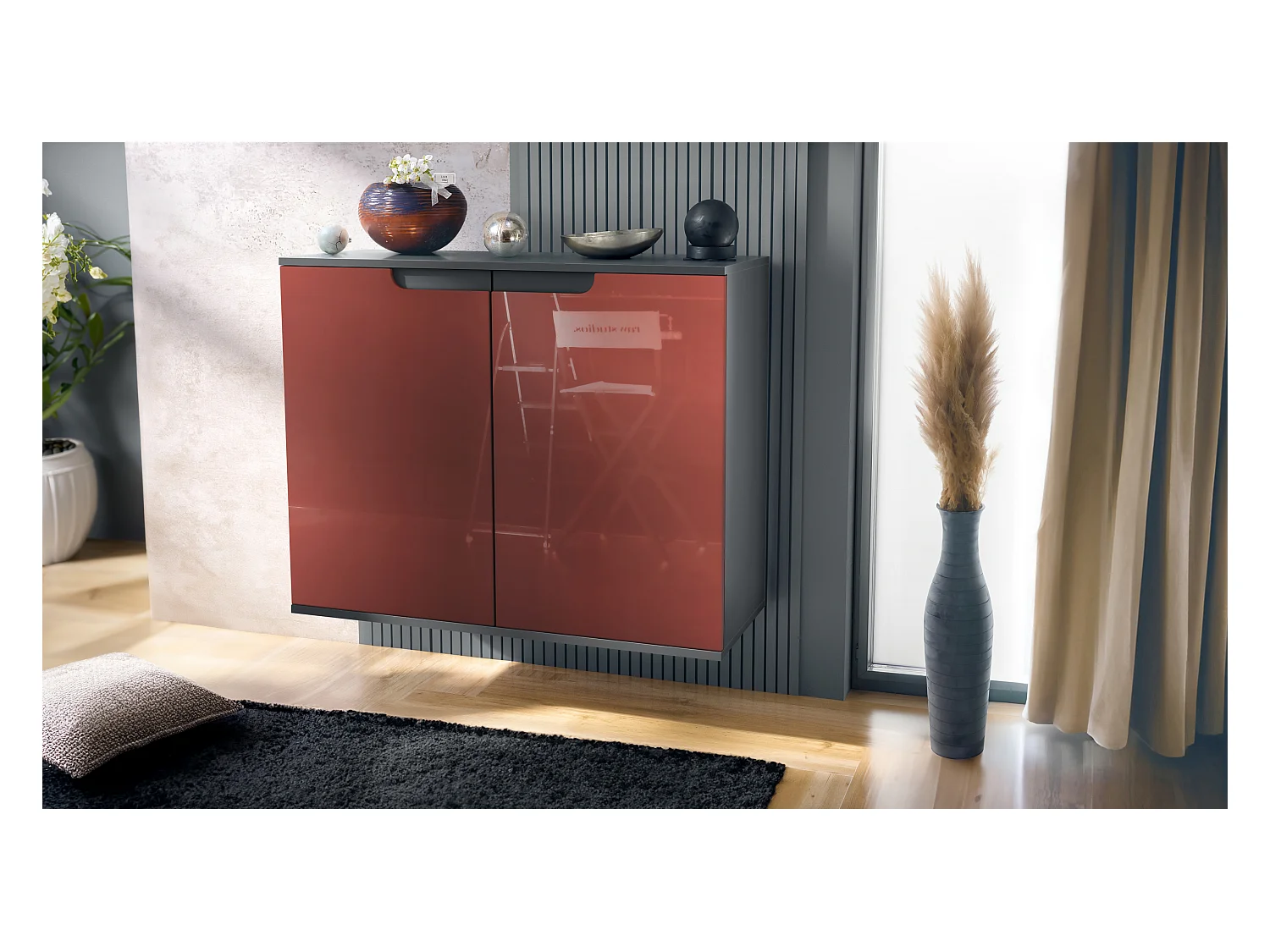 Commode Sylt V3, Buffet de Cuisine Moderne avec 2 Grandes Portes anthracite mat / bordeaux haute brillance (92,5 x 73.5 x 35)