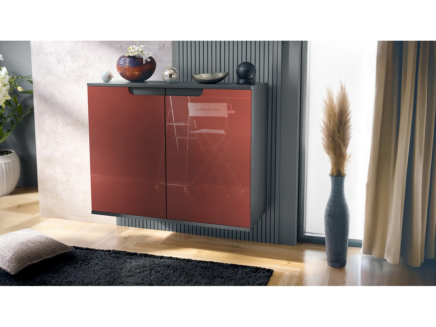 Aparador Sylt V3, Armario de Cocina Moderno con 2 Puertas Grandes antracita mate / burdeos de alto brillo (92,5 x 73.5 x 35)
