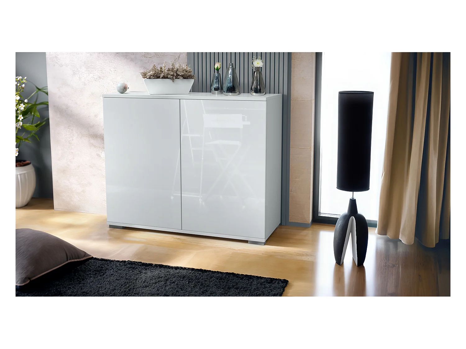 Aparador Skadu V3, Armario de Cocina Moderno con 2 Puertas Grandes blanco mate / blanco de alto brillo (92,5 x 75.5 x 35)