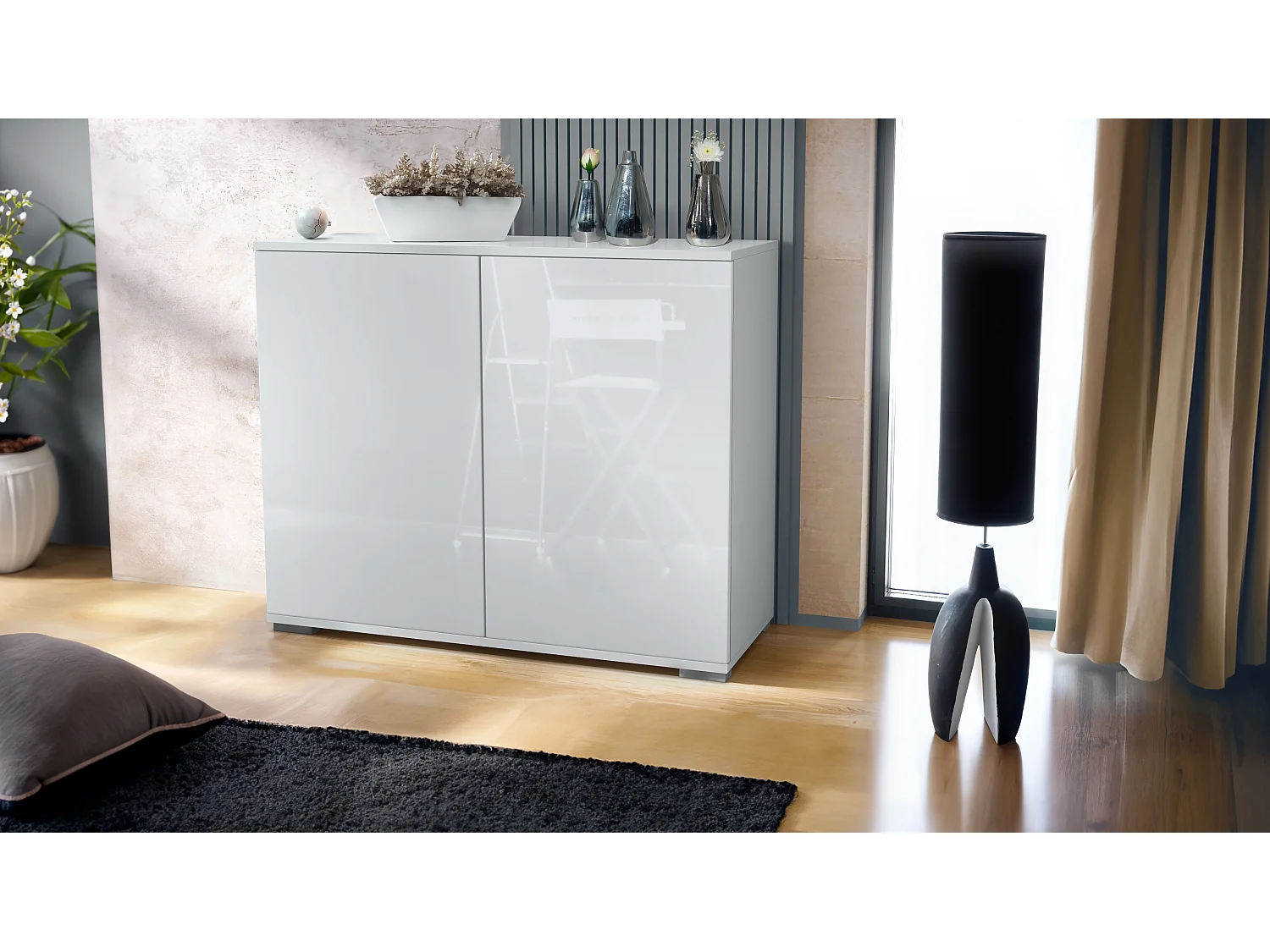 Commode Skadu V3, Buffet de Cuisine Moderne avec 2 Grandes Portes blanc mat / blanc haute brillance (92,5 x 75.5 x 35)