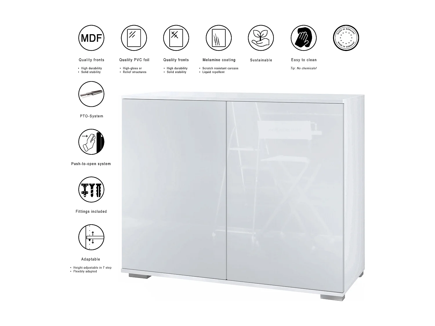 Commode Skadu V3, Buffet de Cuisine Moderne avec 2 Grandes Portes blanc mat / blanc haute brillance (92,5 x 75.5 x 35)