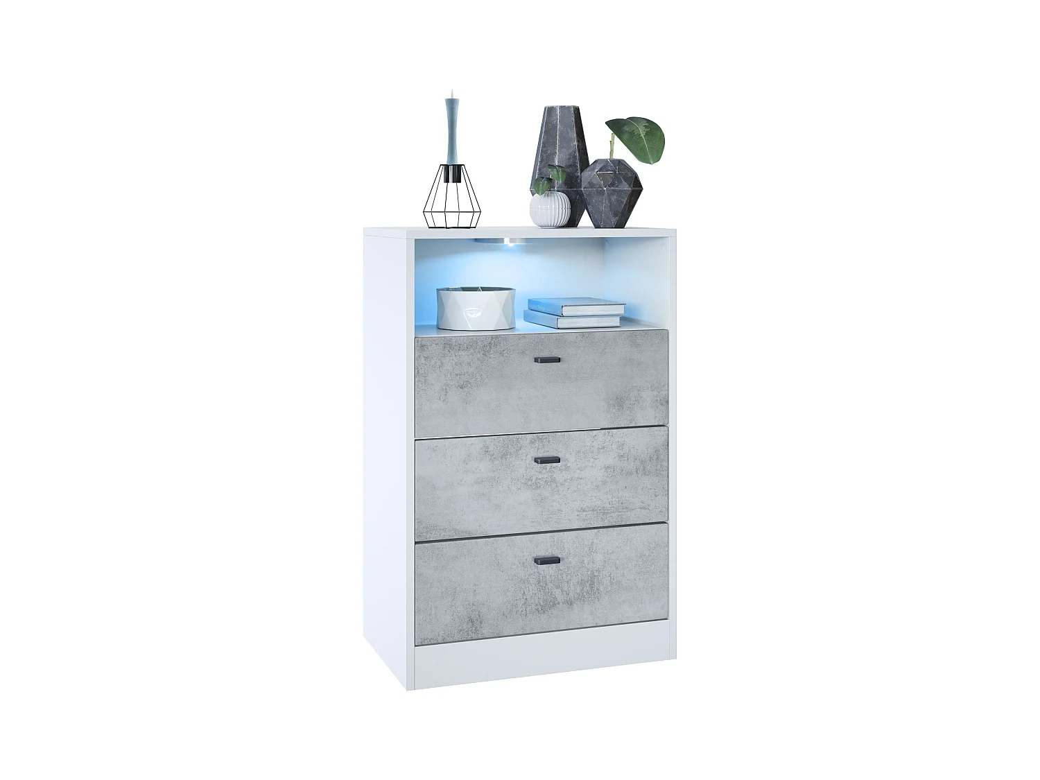 Ensemble de vestiaires Pino V2, 2 Panneaux muraux 140 cm et buffet avec 2 tiroirs & 1 compartiment ouvert, blanc mat/aspect béton oxyde (56 x 67,5 x 36 cm)
