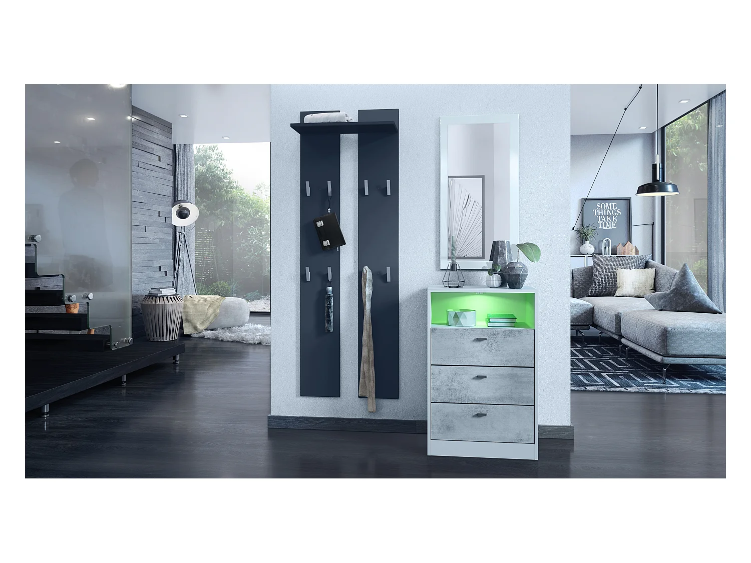 Ensemble de vestiaires Pino V2, 2 Panneaux muraux 140 cm et buffet avec 2 tiroirs & 1 compartiment ouvert, blanc mat/aspect béton oxyde (56 x 67,5 x 36 cm)