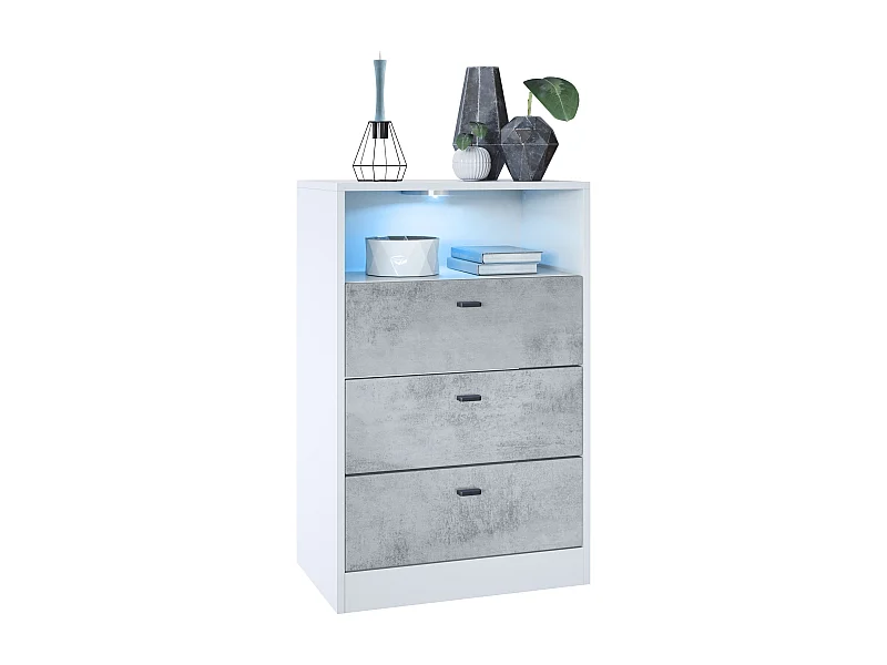 Ensemble de vestiaires Pino V2, 2 Panneaux muraux 140 cm et buffet avec 2 tiroirs & 1 compartiment ouvert, blanc mat/aspect béton oxyde (56 x 67,5 x 36 cm)