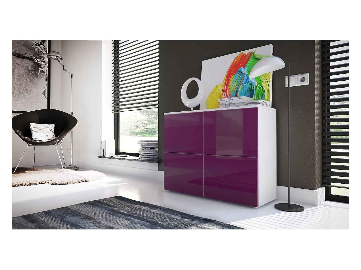 Buffet Rova, Commode avec 4 portes, Blanc mat/Mûre haute brillance (92 x 72 x 35 cm)