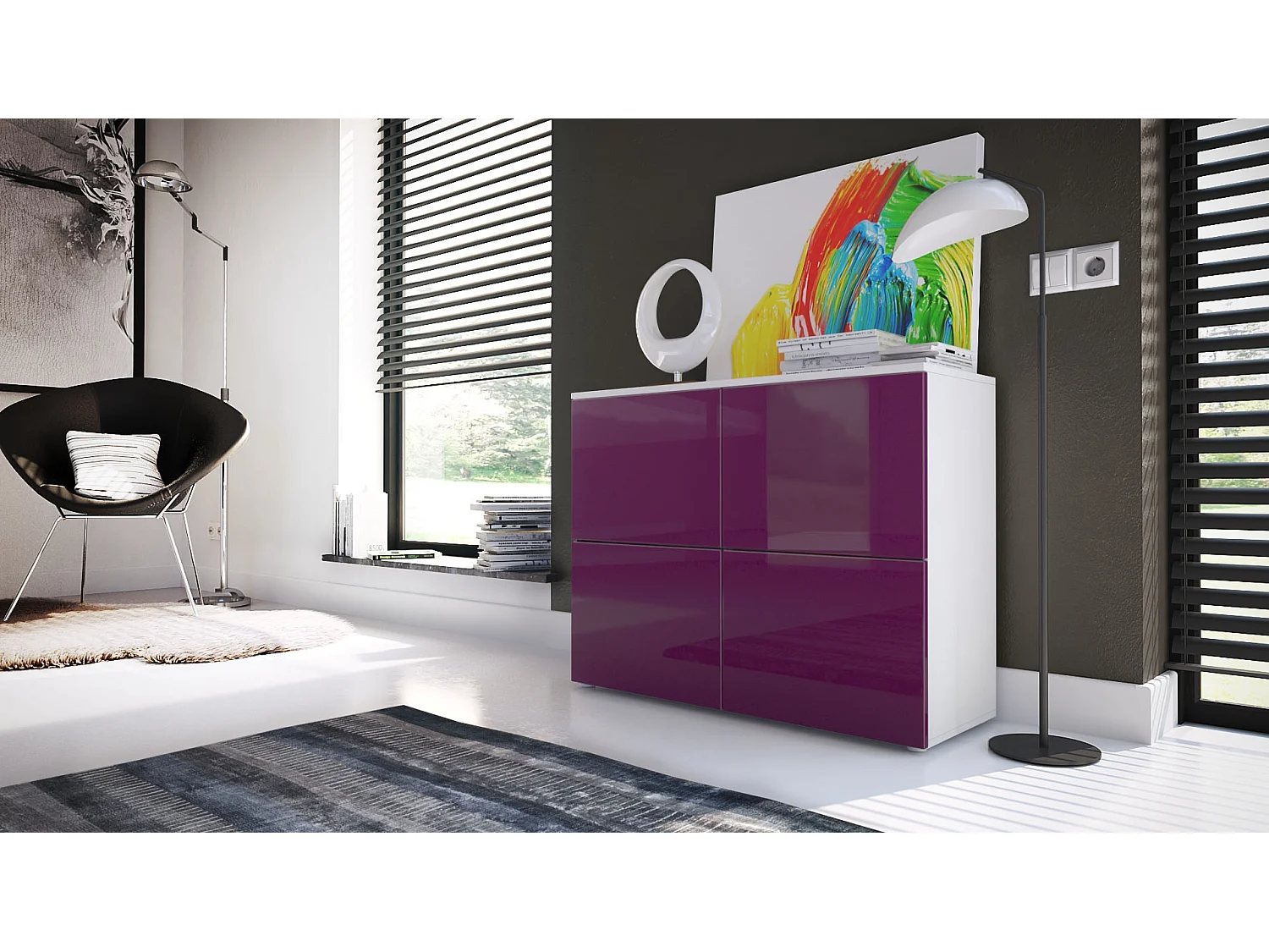 Madia  Rova, mobile a 4 ante, bianco opaco/violetto-porpora (92 x 72 x 35 cm)