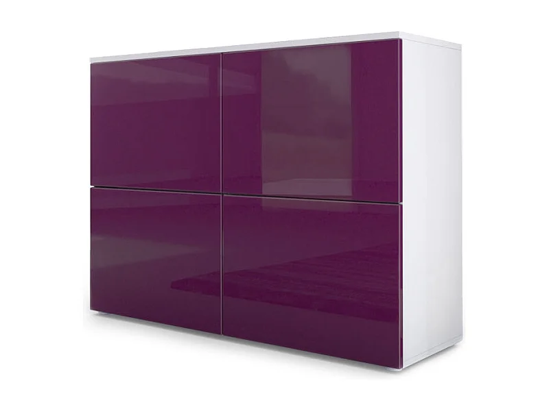 Buffet Rova, Commode avec 4 portes, Blanc mat/Mûre haute brillance (92 x 72 x 35 cm)