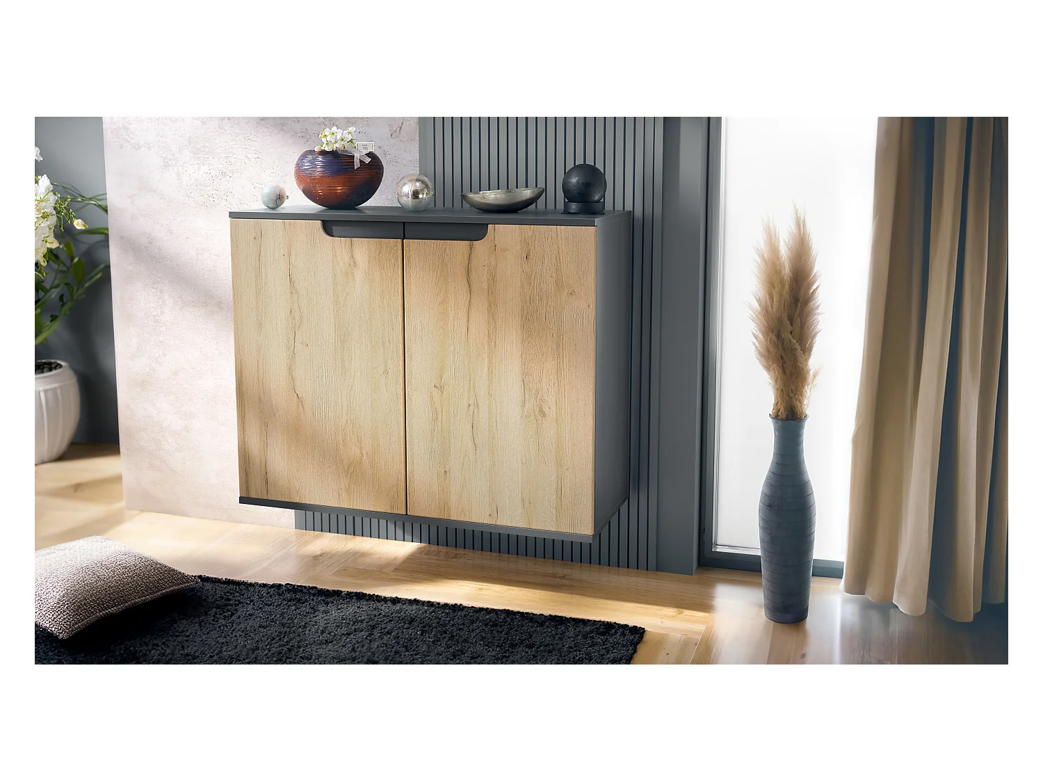 Commode Sylt V3, Buffet de Cuisine Moderne avec 2 Grandes Portes anthracite mat / chêne nature (92,5 x 73.5 x 35)