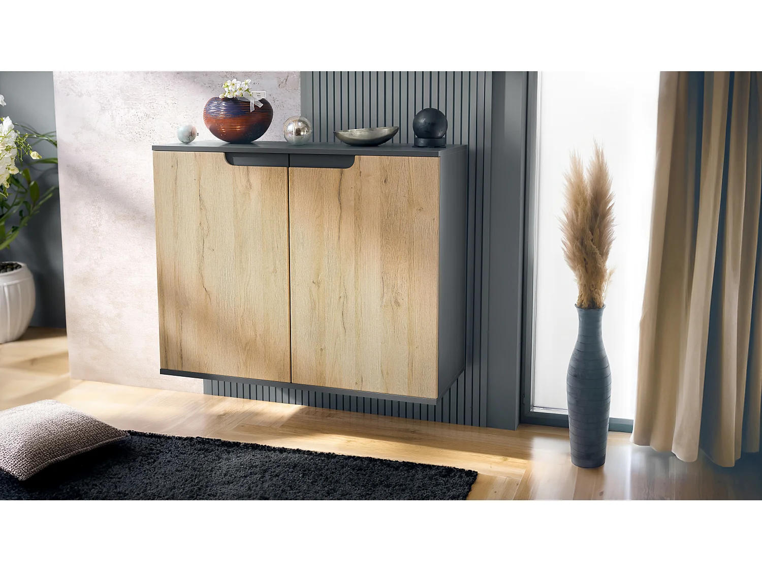 Aparador Sylt V3, Armario de Cocina Moderno con 2 Puertas Grandes antracita mate / roble natural (92,5 x 73.5 x 35)