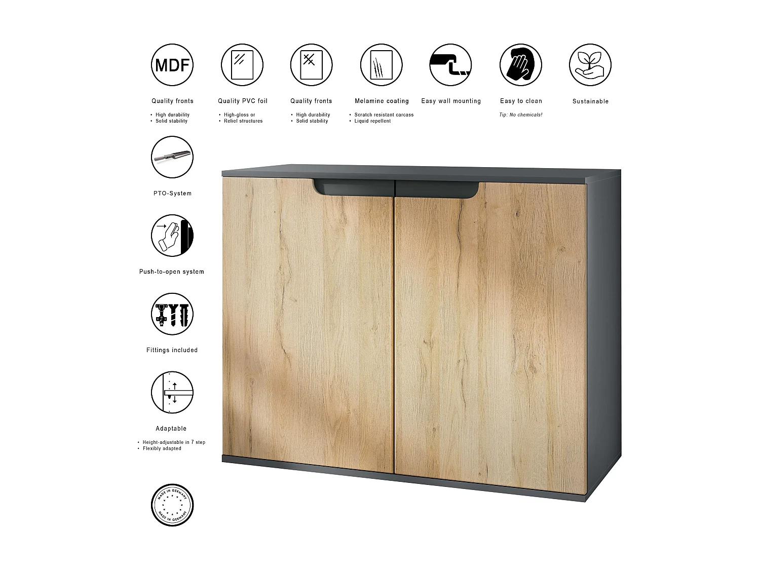 Aparador Sylt V3, Armario de Cocina Moderno con 2 Puertas Grandes antracita mate / roble natural (92,5 x 73.5 x 35)