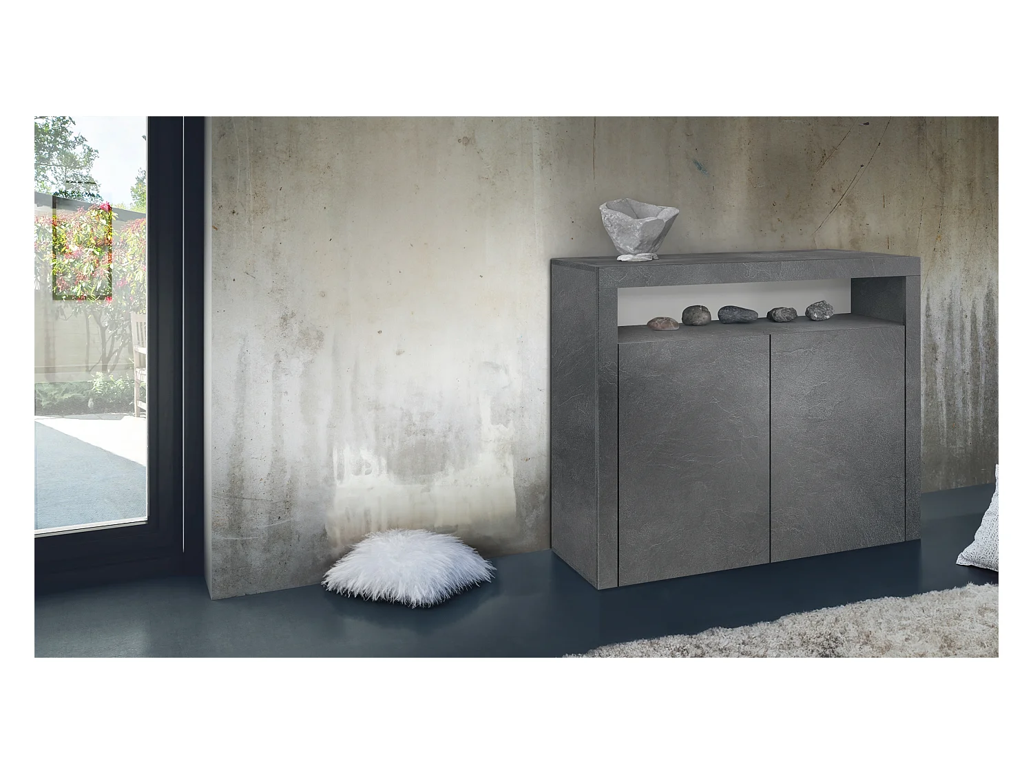 Commode Denver, Buffet avec 2 portes et 1 compartiment ouvert, Schiefer (107 x 88 x 35 cm)