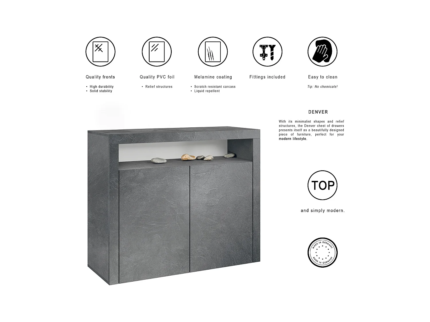 Commode Denver, Buffet avec 2 portes et 1 compartiment ouvert, Schiefer (107 x 88 x 35 cm)