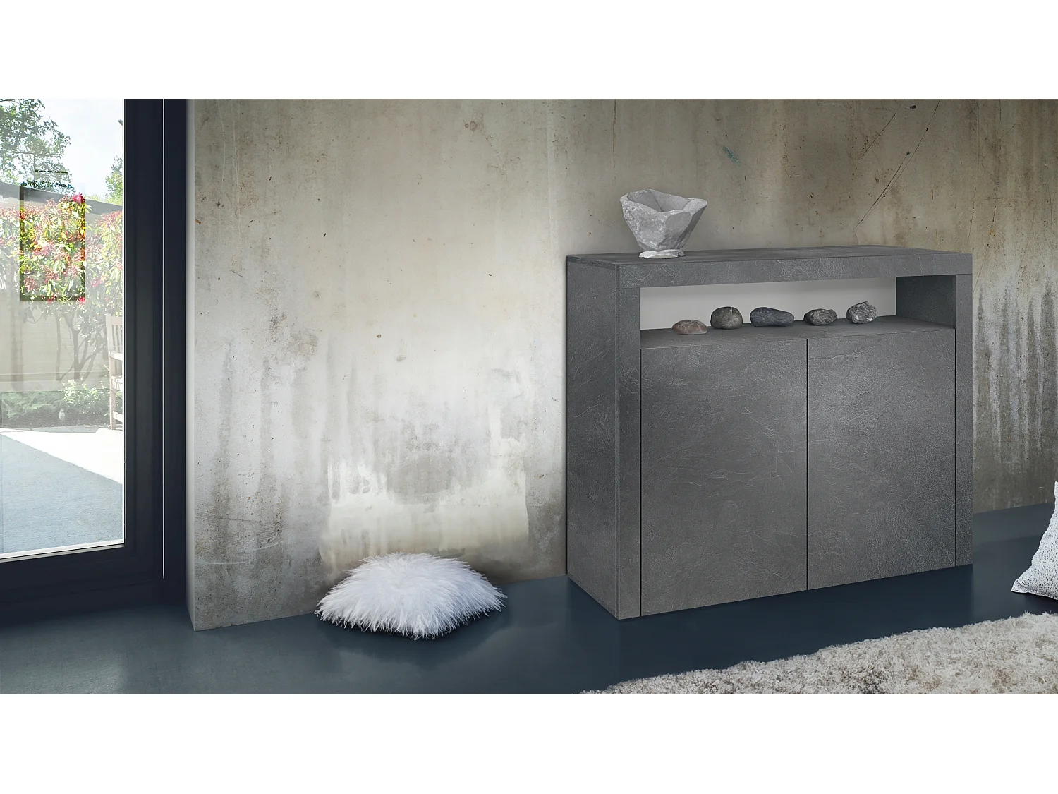 Cassettiera Denver, credenza con 2 ante e 1 vano a giorno, Schiefer (107 x 88 x 35 cm)
