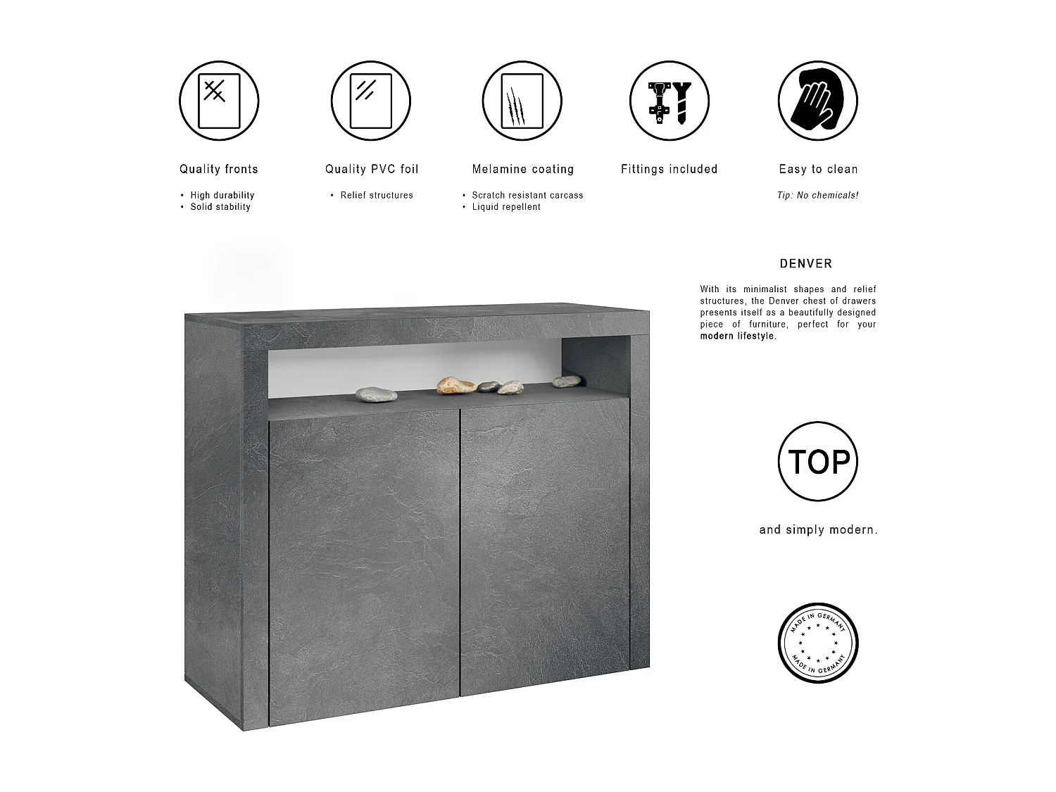 Cassettiera Denver, credenza con 2 ante e 1 vano a giorno, Schiefer (107 x 88 x 35 cm)