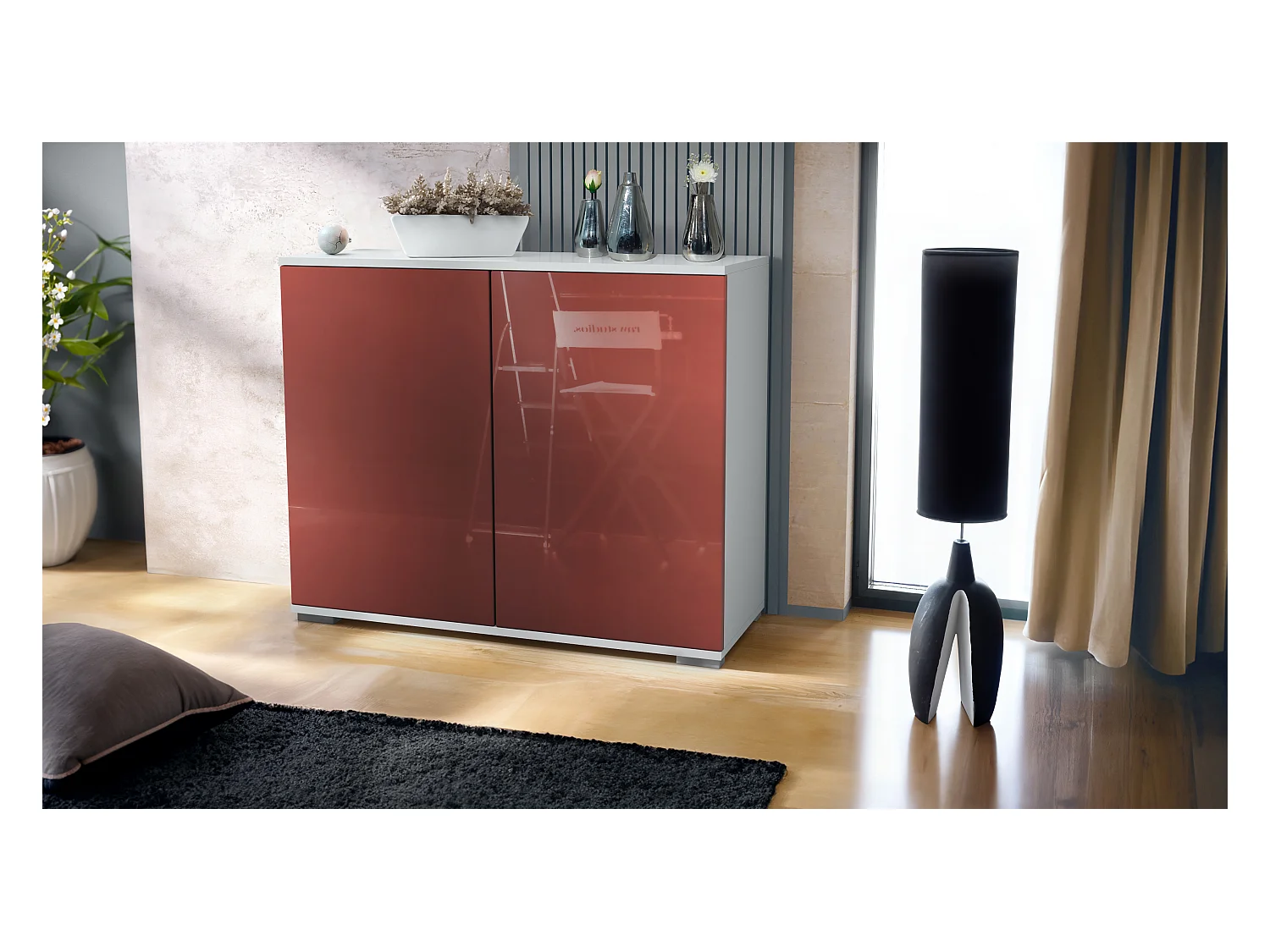 Aparador Skadu V3, Armario de Cocina Moderno con 2 Puertas Grandes blanco mate / burdeos de alto brillo (92,5 x 75.5 x 35)