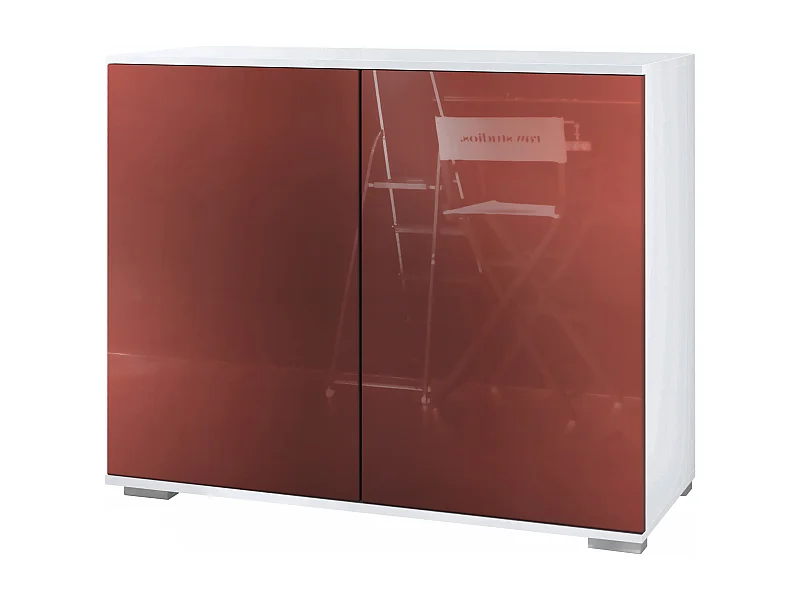 Commode Skadu V3, Buffet de Cuisine Moderne avec 2 Grandes Portes blanc mat / bordeaux haute brillance (92,5 x 75.5 x 35)