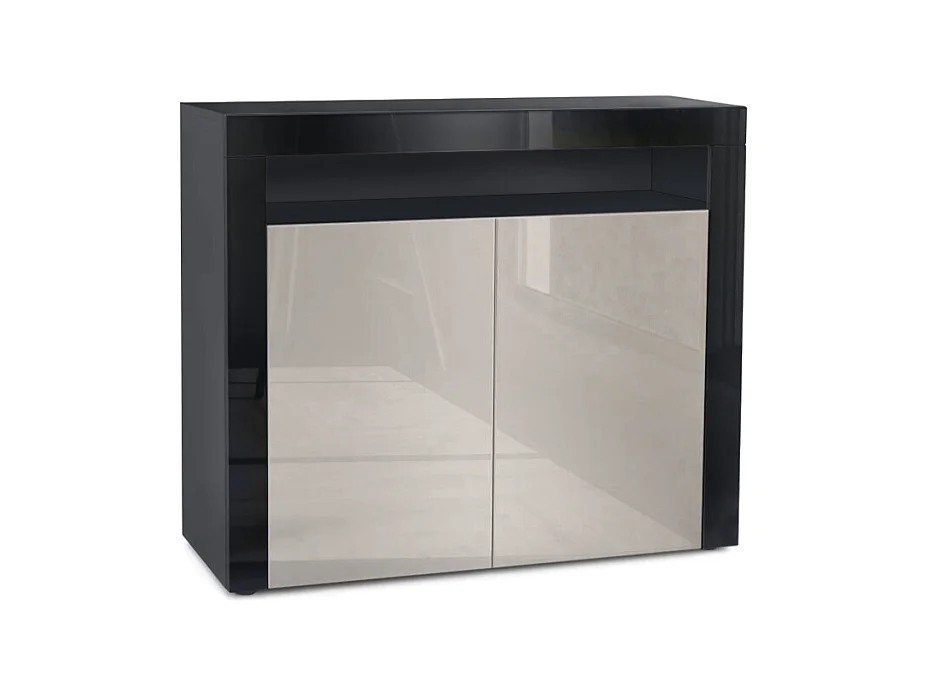 Buffet Valencia, Commode avec 2 portes et 1 compartiment ouvert, Noir mat/gris sable haute brillance/noir haute brillance (108 x 92 x 40 cm)