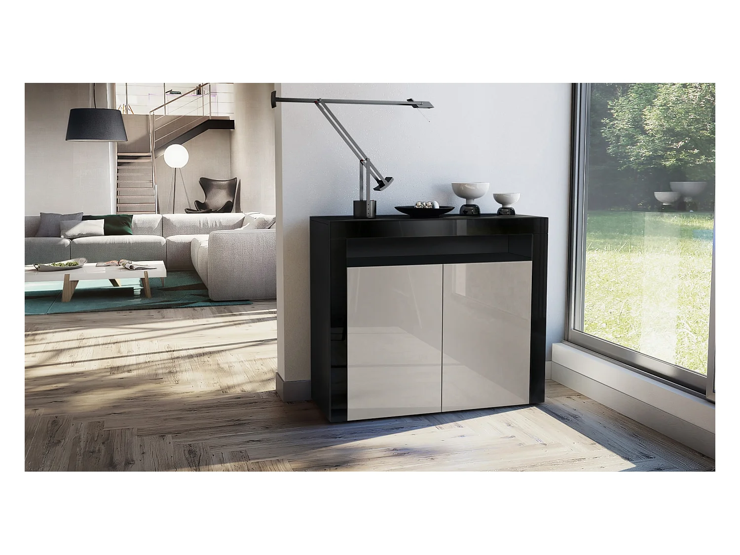 Buffet Valencia, Commode avec 2 portes et 1 compartiment ouvert, Noir mat/gris sable haute brillance/noir haute brillance (108 x 92 x 40 cm)