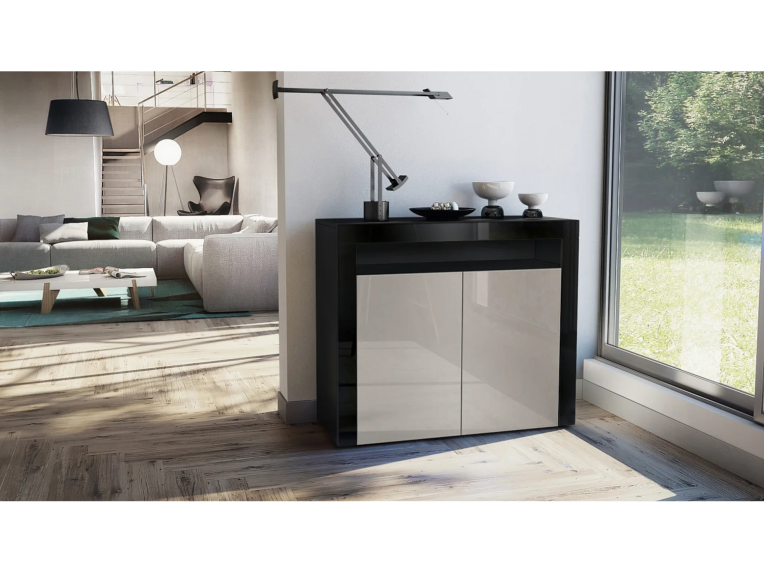 Buffet Valencia, Commode avec 2 portes et 1 compartiment ouvert, Noir mat/gris sable haute brillance/noir haute brillance (108 x 92 x 40 cm)