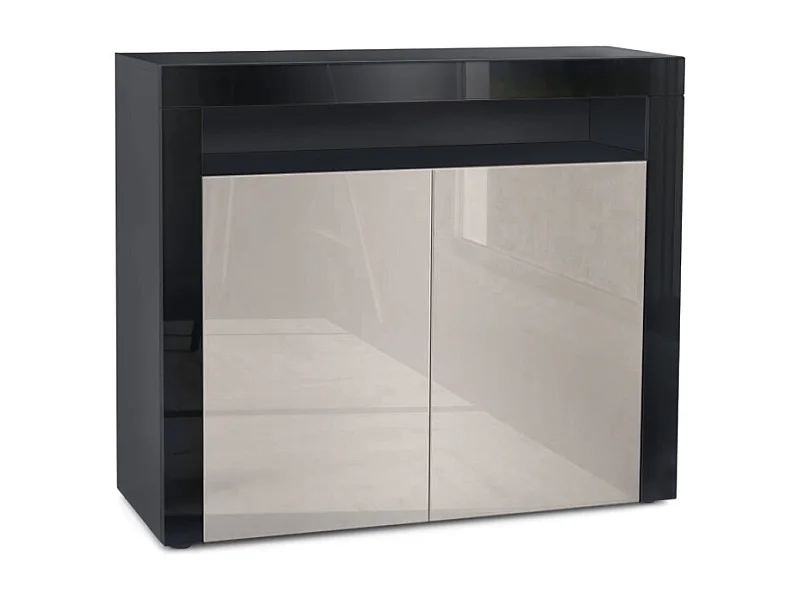 Buffet Valencia, Commode avec 2 portes et 1 compartiment ouvert, Noir mat/gris sable haute brillance/noir haute brillance (108 x 92 x 40 cm)