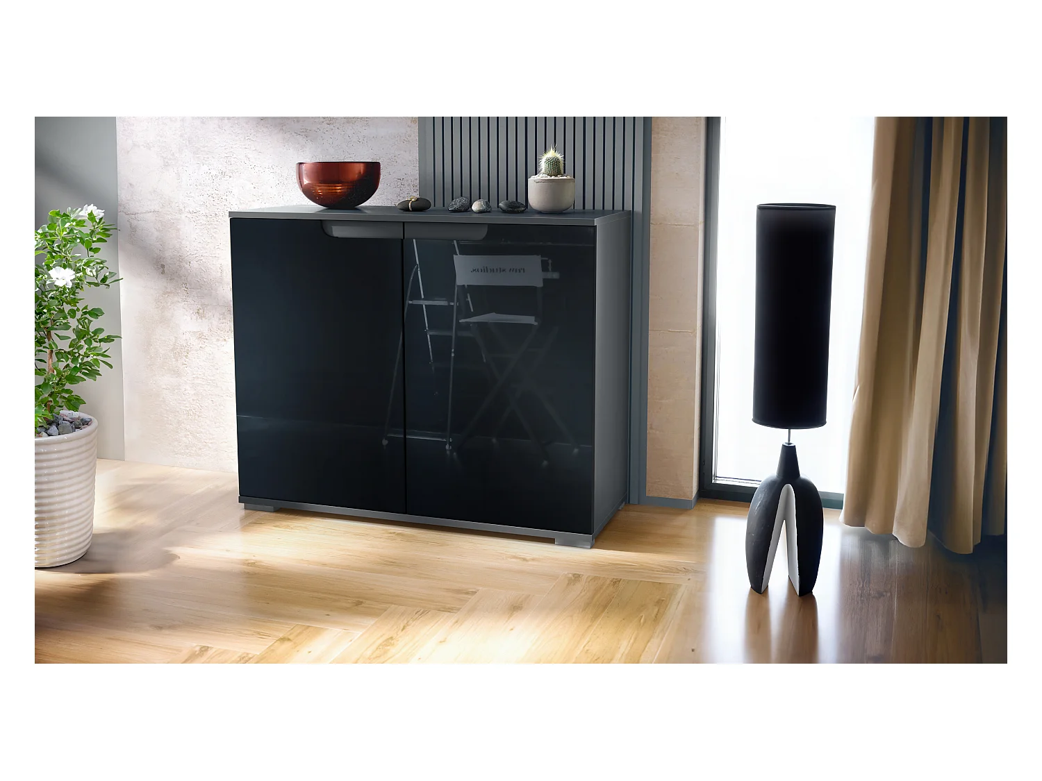 Commode Sylt V3, Buffet de Cuisine Moderne avec 2 Grandes Portes anthracite mat / noir haute brillance (92,5 x 75.5 x 35)