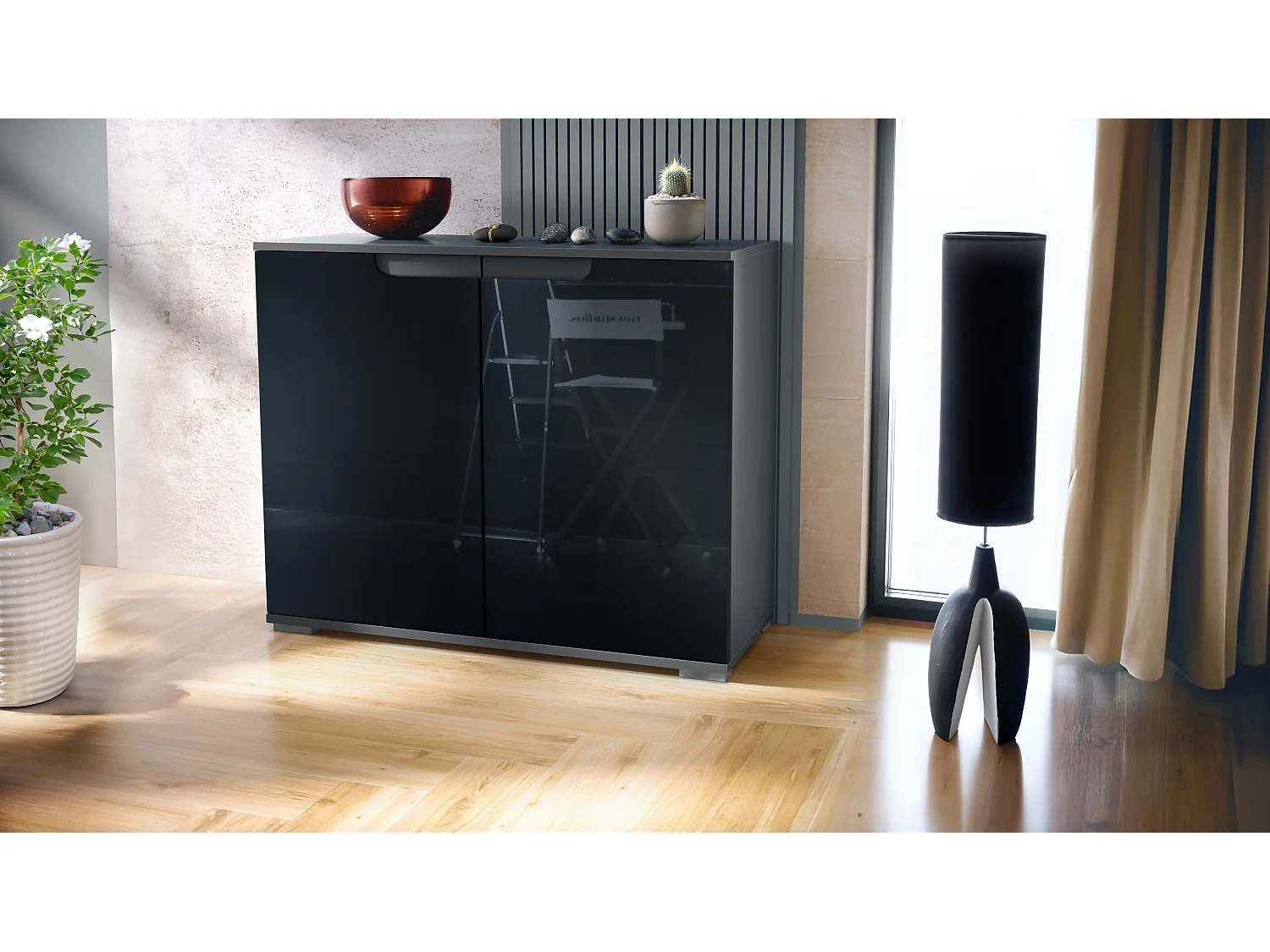 Commode Sylt V3, Buffet de Cuisine Moderne avec 2 Grandes Portes anthracite mat / noir haute brillance (92,5 x 75.5 x 35)