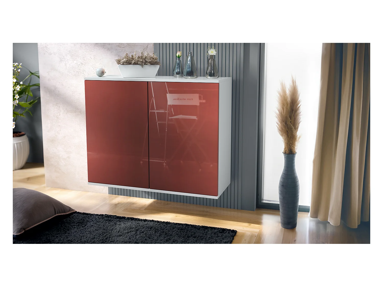 Aparador Skadu V3, Armario de Cocina Moderno con 2 Puertas Grandes blanco mate / burdeos de alto brillo (92,5 x 73.5 x 35)