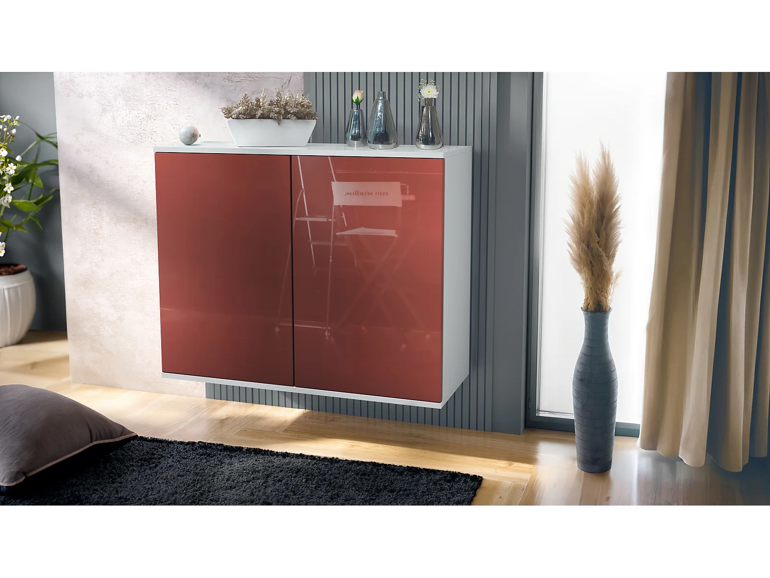 Credenza Skadu V3, Mobile da Cucina Moderno con 2 Grandi Ante bianco opaco / bordeaux lucido (92,5 x 73.5 x 35)