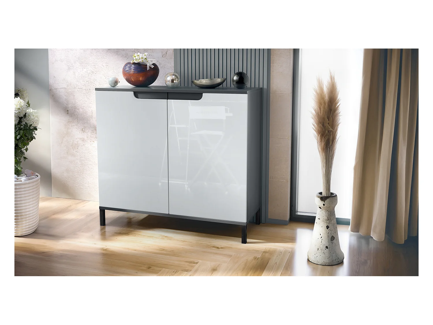 Commode Sylt V3, Buffet de Cuisine Moderne avec 2 Grandes Portes anthracite mat / blanc haute brillance (92,5 x 83.5 x 35)