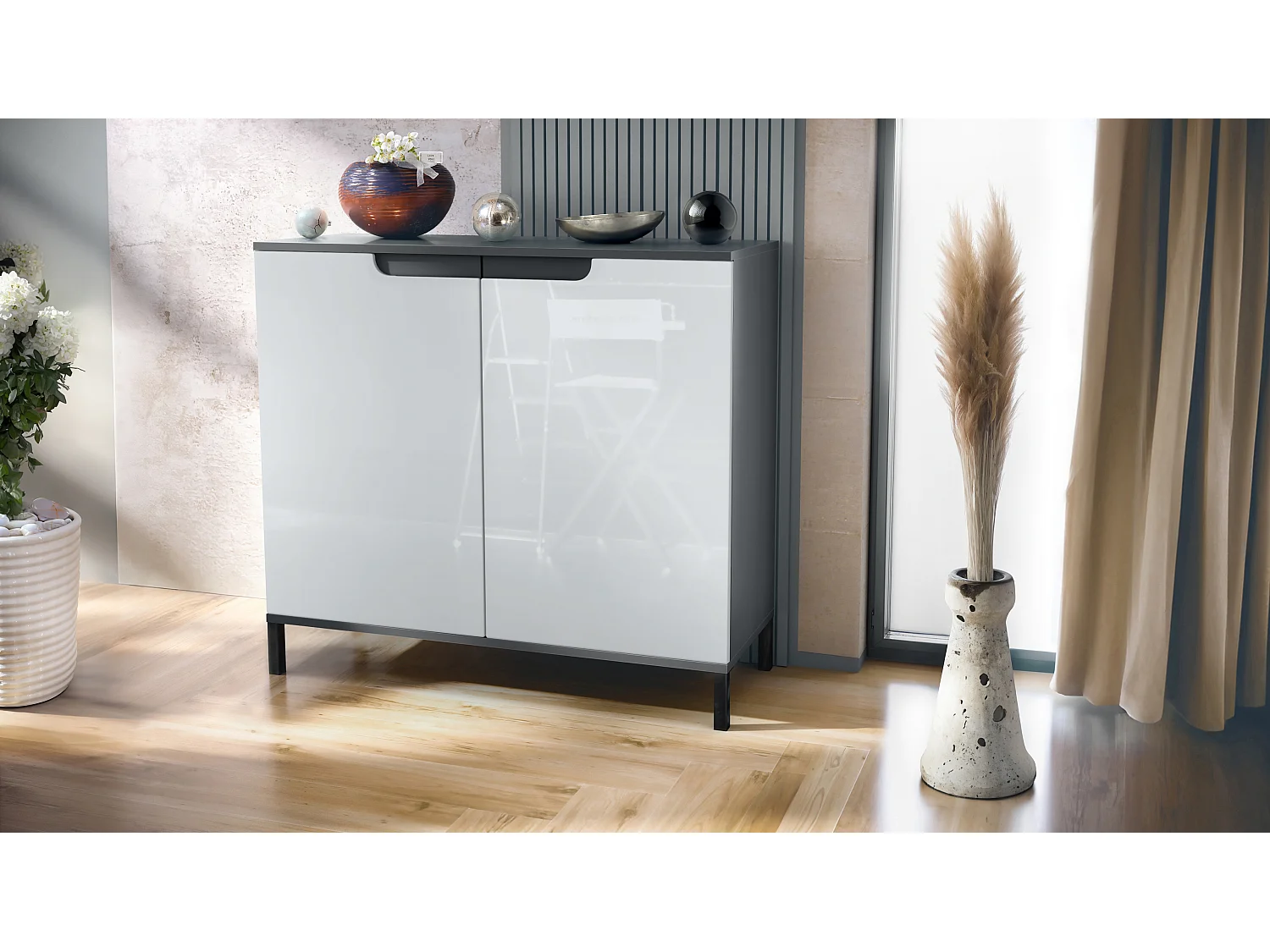 Commode Sylt V3, Buffet de Cuisine Moderne avec 2 Grandes Portes anthracite mat / blanc haute brillance (92,5 x 83.5 x 35)