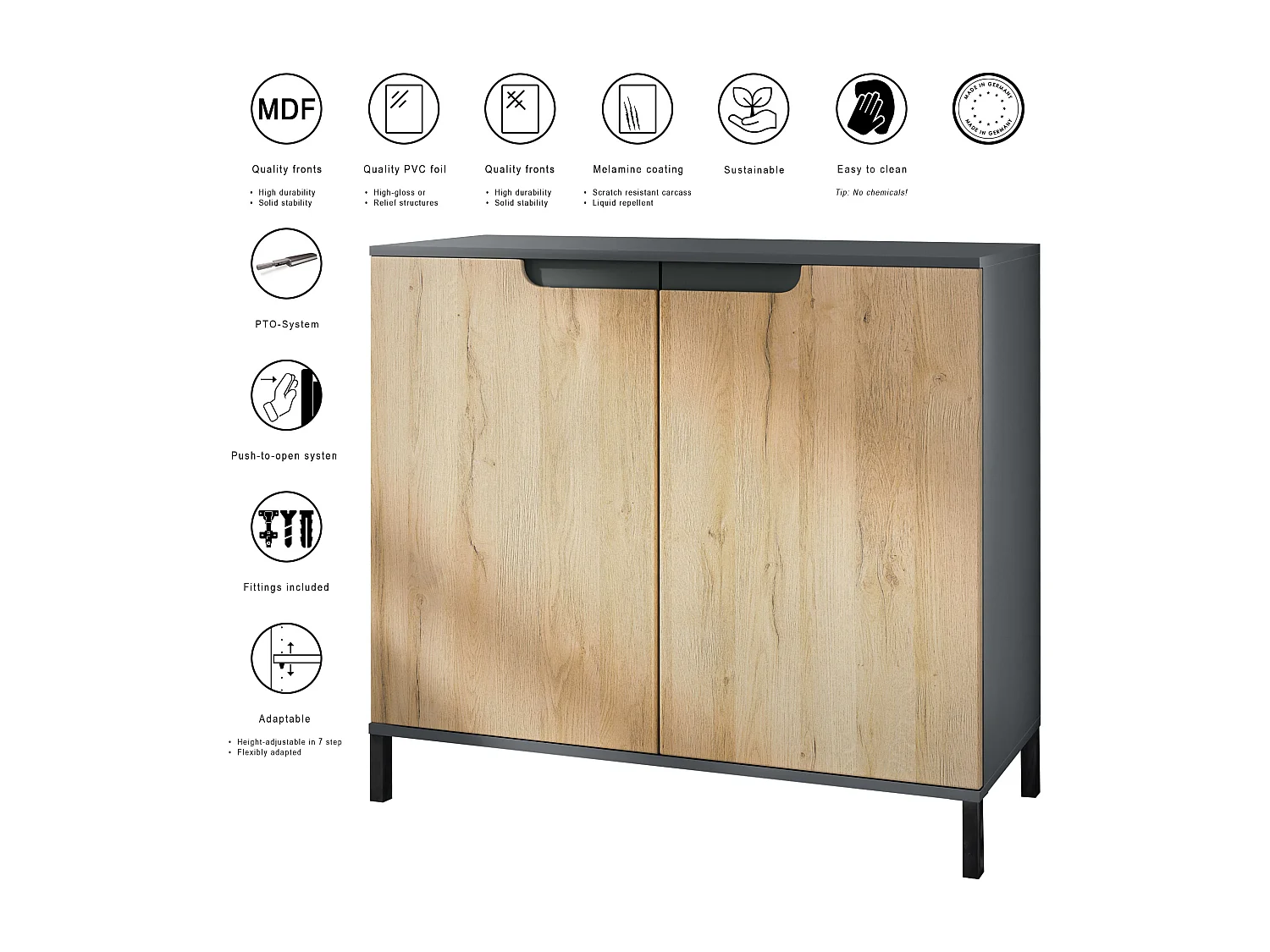 Commode Sylt V3, Buffet de Cuisine Moderne avec 2 Grandes Portes anthracite mat / blanc haute brillance (92,5 x 83.5 x 35)